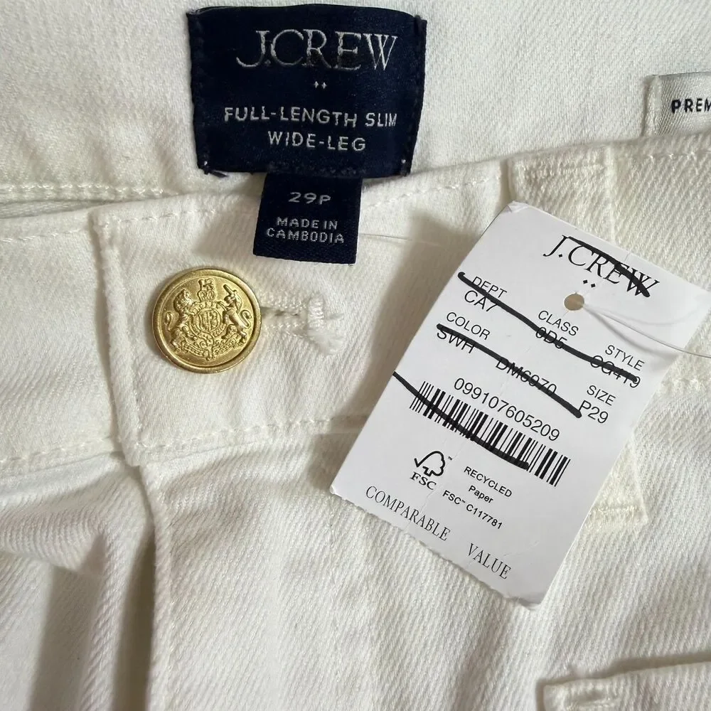 J.CREW Premium Ed Slim Wide Leg Sailor Jean 29P White All Day Stretch B66